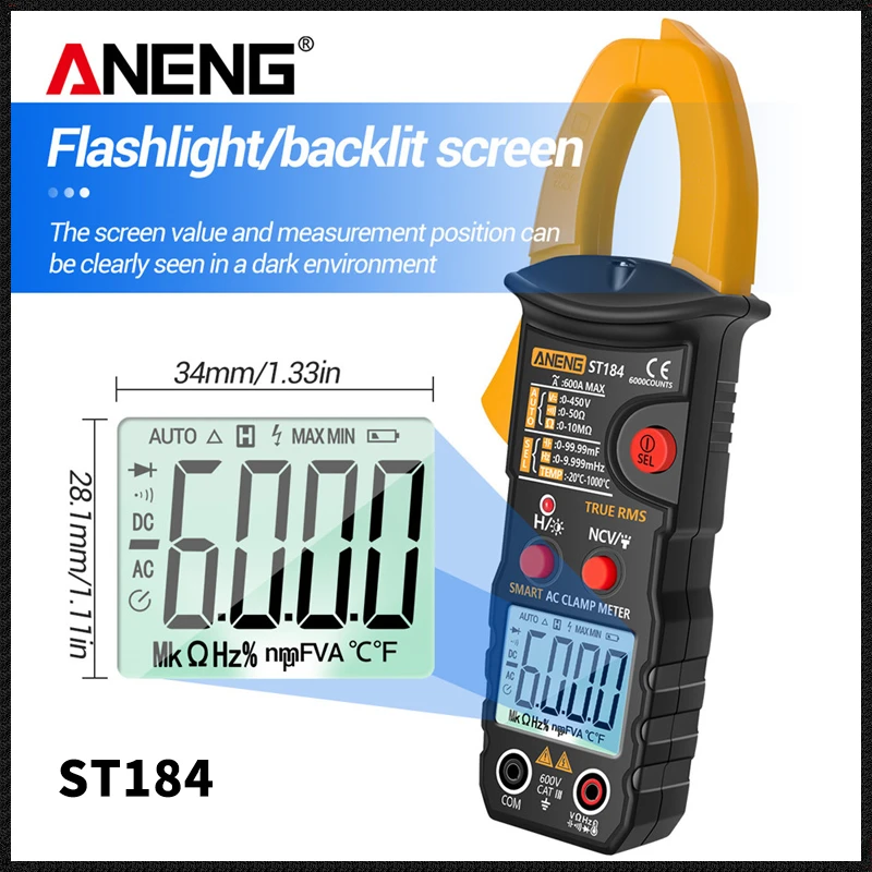 

ANENG ST184 Digital Multimeter Clamp Meter Professional 6000 Counts True RMS AC/DC Voltage Current Tester Hz Capacitance Ohm