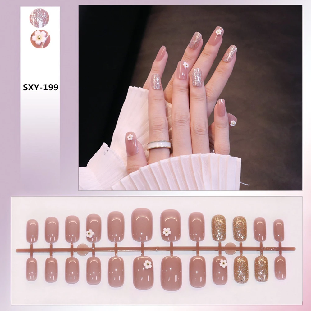 

24 шт. блестящие накладные ногти милые белые цветы полное покрытие наборы для ногтей для ежедневного использования искусственные ногти с же...
