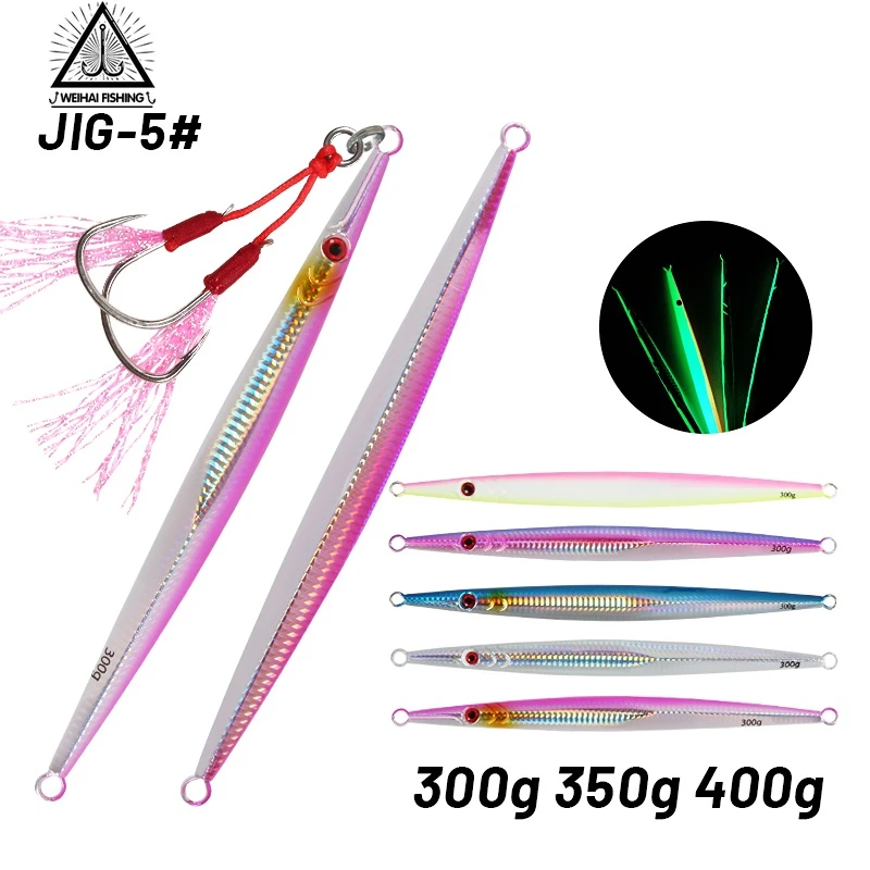 

WH NEW 300g 350g 400g Needle Fish Lure Sinking Deep Sea Pencil Metal Jig Shore Jigging Hard Bait Assist Twin Hook Diving Bait