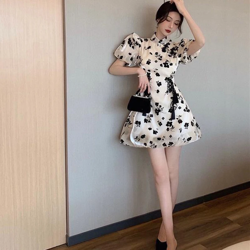 

Women's French Ruffle Fairy Elegant Dress Summer Chinese style qipao Clothes Korean Holiday Beach Skirt Party Dresses Clothing