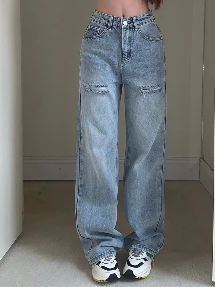 2023 Spring Clothes Summer Set Wide Leg Pants Women's High Waist Sexy Loose Jean Y2k Streetwear Women Ripped Blue Straight Jeans