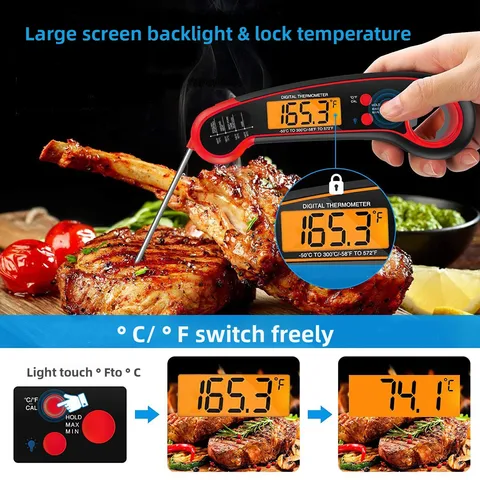Красный складной цифровой кухонный термометр для еды, быстрое измерение, водонепроницаемая открывалка для бутылок для мяса, воды, молока, приготовления барбекю, гриля