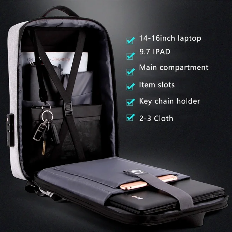 

Anti Theft lock Backpack Laptop Bag Waterproof USB Charging 15.6 inch Daypack Mochila EVA Impact protection
