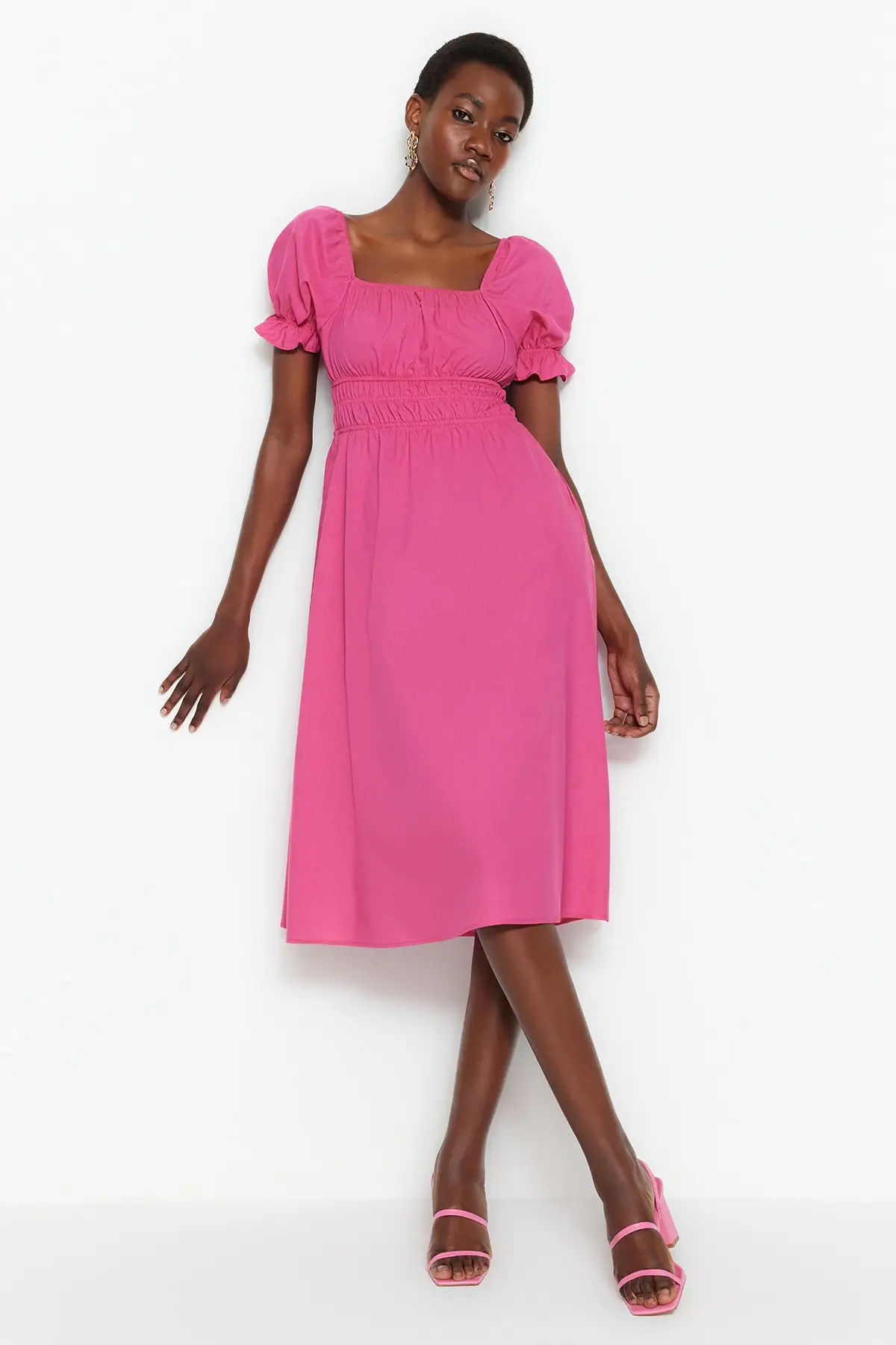 

Fuchsia Square Neck Dress TWOSS22EL1768 Woven Cotton Polyester Regular Cool Comfort Standard Sleeve Plain Pink Short Unlining Midi