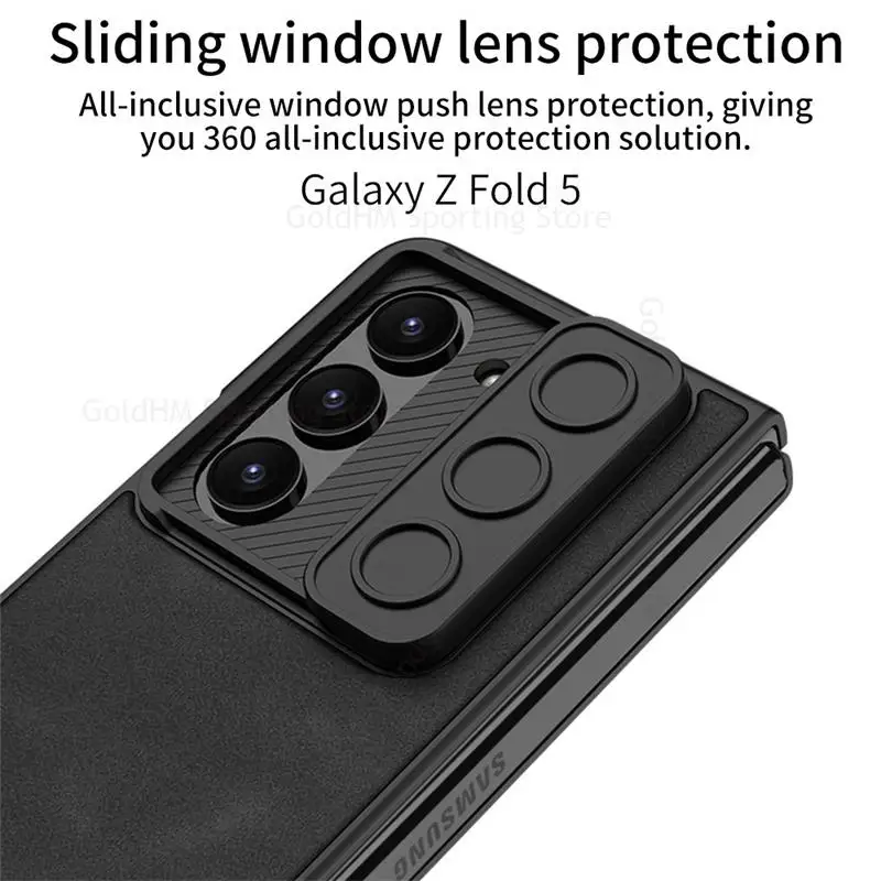 Capa For Samsung Z Fold 5 5G Matte Leather Phone Case For Galaxy Z Fold5 5G Push Window Slide Lens Flip Cover with Tempered Film