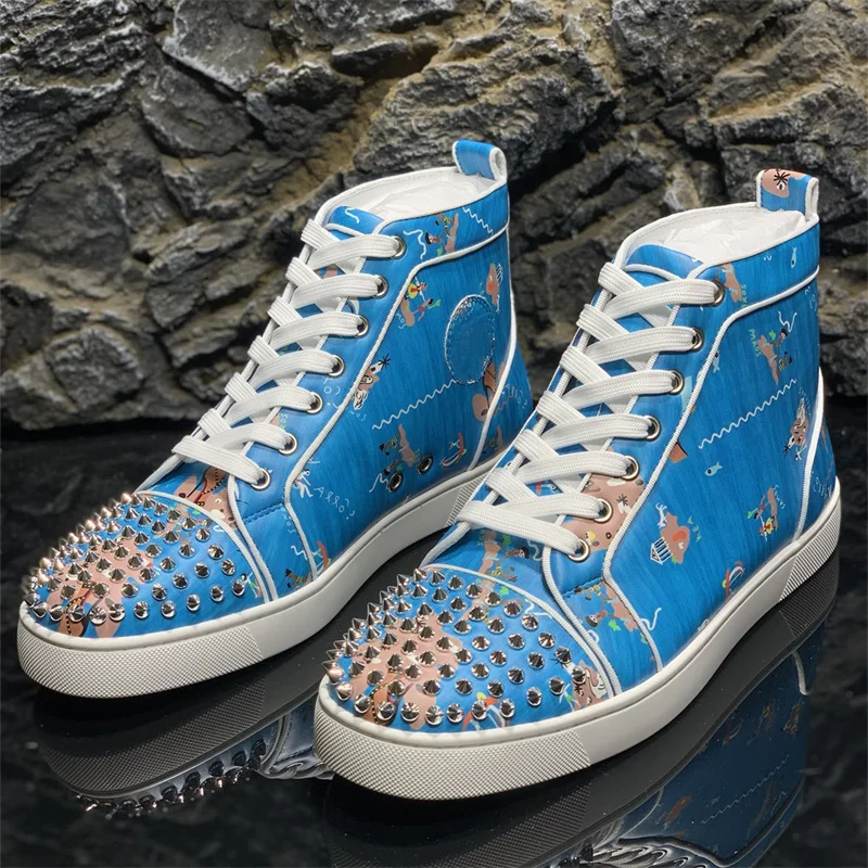 

Туфли мужские с заклепками и высоким верхом, Дизайнерские повседневные туфли на плоской подошве, с животным принтом, Красные кроссовки с шипами, синий цвет, лето