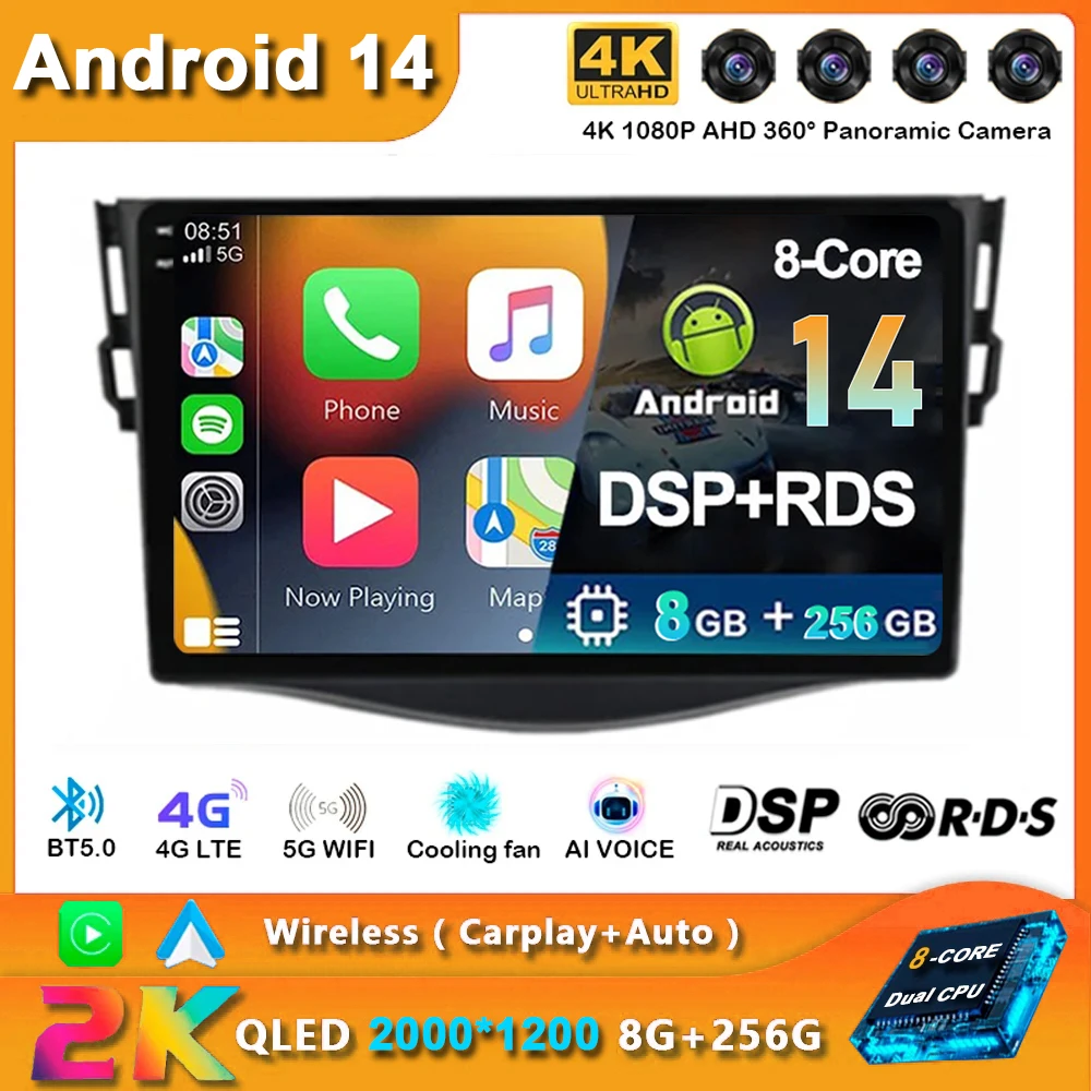 Автомобильный радиоприемник Carplay Android 14 для Toyota RAV4 Rav 4 2005 2006 2007-2013 навигация GPS