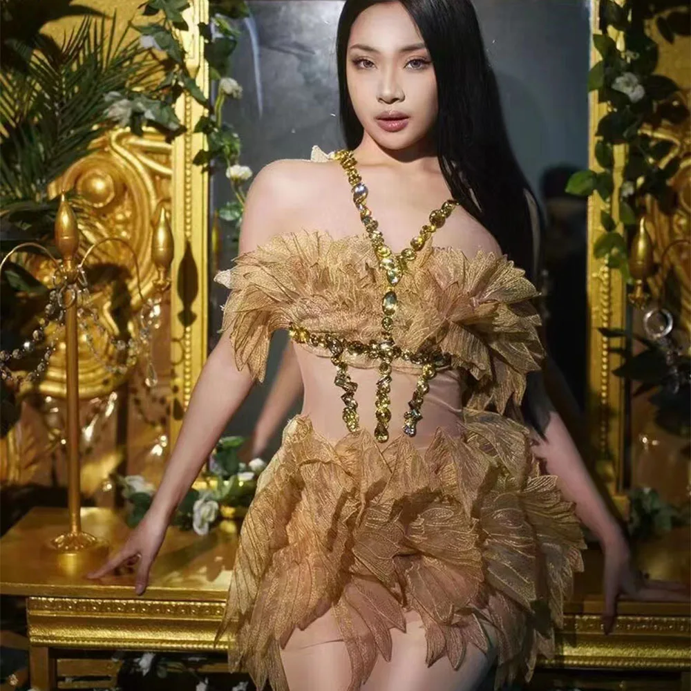 

Women Sexy Mesh Gold Rhinestones Short Dress Singer Show Stage Wear Performance Costume Prom Party Celebrate Birthday Dress