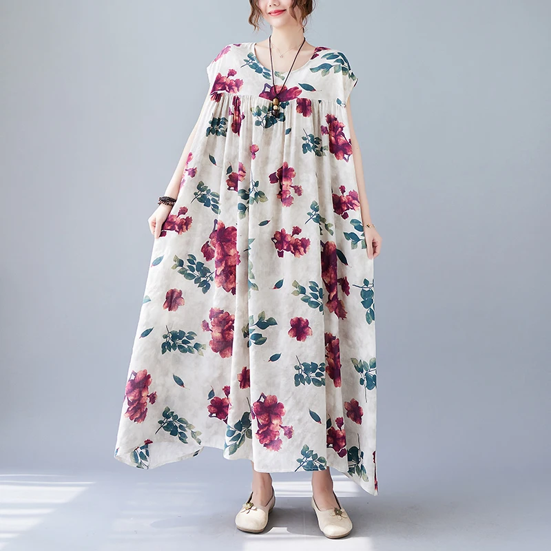

Printed Ethnic Style Dress Short Sleeve Oversize Cotton Dresses For Women Casual Loose Long Summer Dresses Elegant Clothing 2022