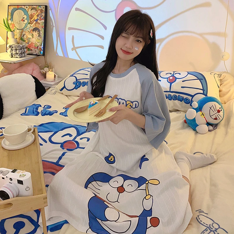 Summer Women Nightgown Pajamas Cartoon  Anime Doraemon Nightdress Cute Sleepwear Girl Pijamas Mujer  Women Leisure Homewear
