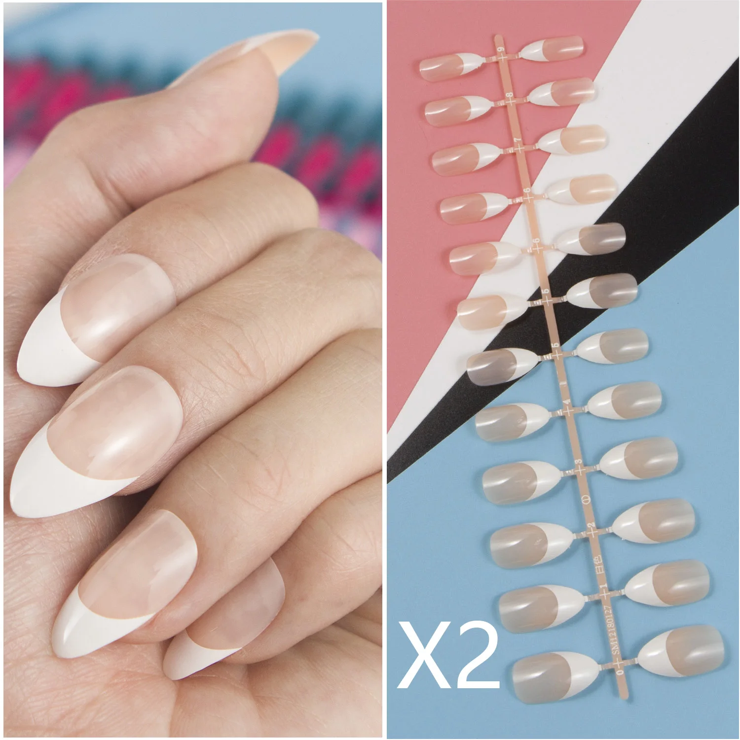 

(Купите 2 комплекта, чтобы сэкономить на доставке) 2 комплекта миндальных французских накладных ногтей с УФ-покрытием прочный пресс на накла...