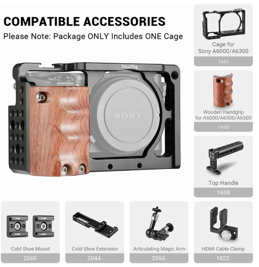 Клетка SmallRig sony a6000 для камеры Sony A6300/A6000 с деревянной ручкой и двойной камерой 2082 |