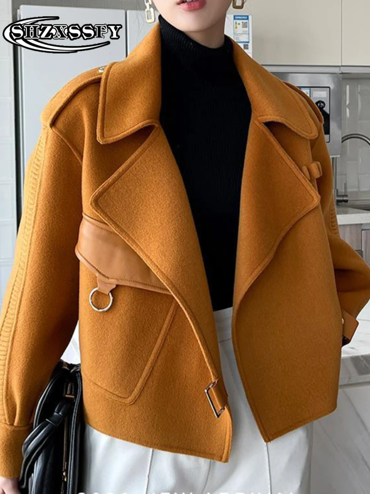 

Женское осеннее пальто 2022, уличные модные свободные короткие куртки, женские однотонные шерстяные пальто из смешанной шерсти с карманами д...