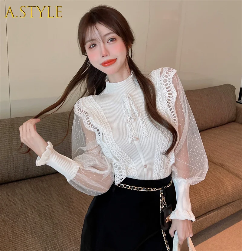 

Тонкая элегантная белая Женская водолазка A GIRLS 2022, Женский лоскутный Вязаный топ в горошек с буфами, черная шифоновая блузка