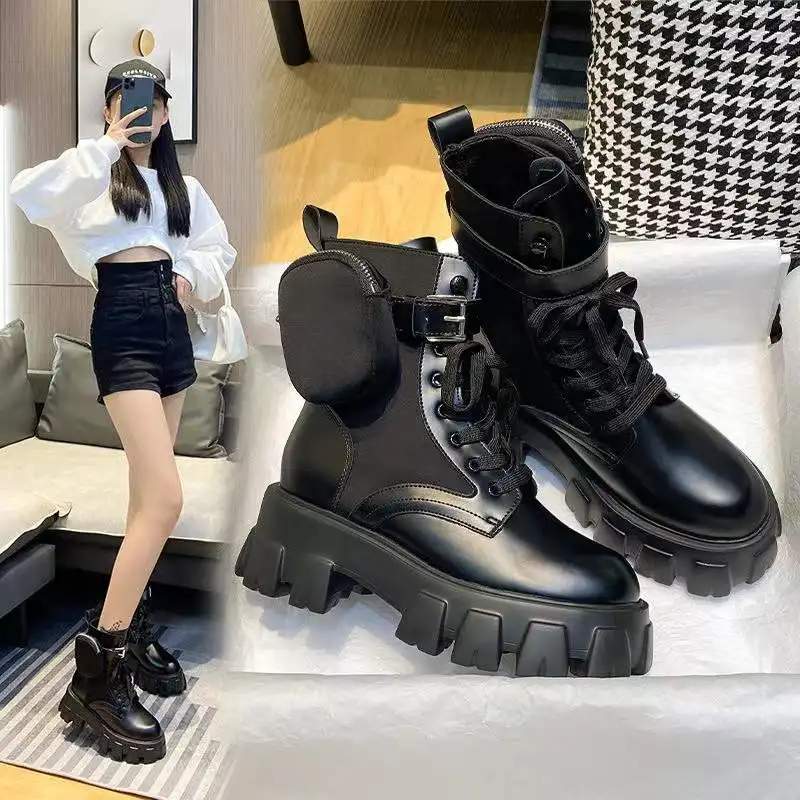 

Роскошные брендовые короткие женские ботинки с карманами на шнуровке и толстой подошве в британском стиле