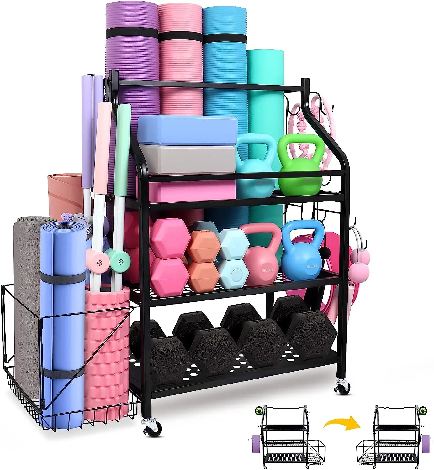 

Gym Storage - Heavy Duty Yoga Mat Storage , Weight Stand for Dumbbells On Wheels with Extra Side Storage Space & Hooks,Util Poo