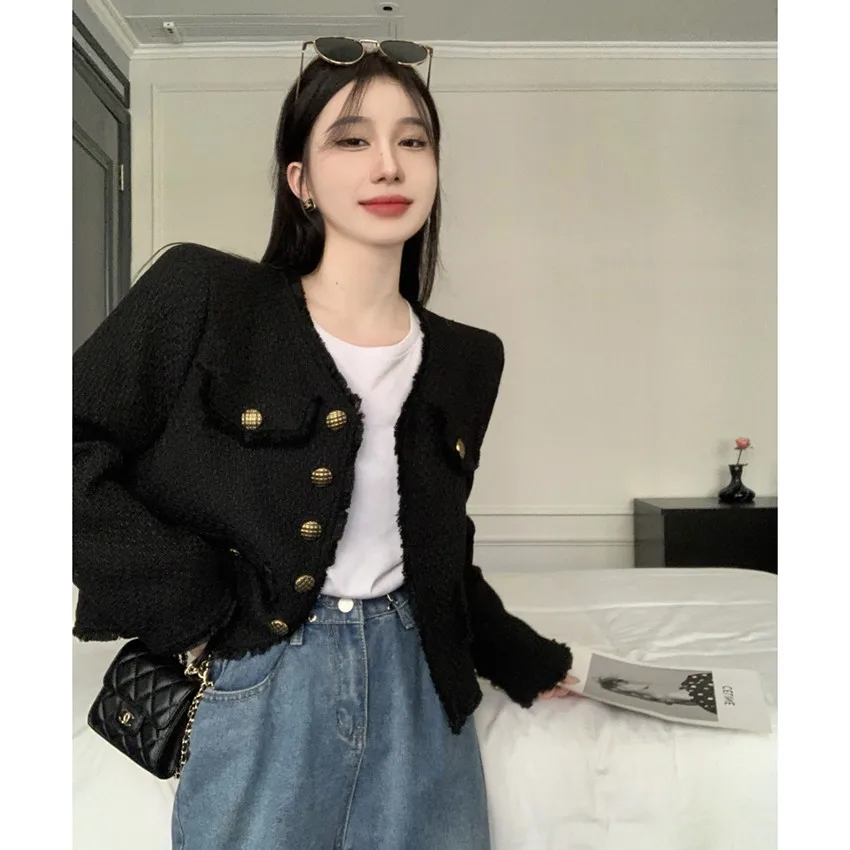 Korean Fashion Vintage Jacket Womens Long Sleeve Button Tweed Coat Cardigan Female High Quality Designer Outwear