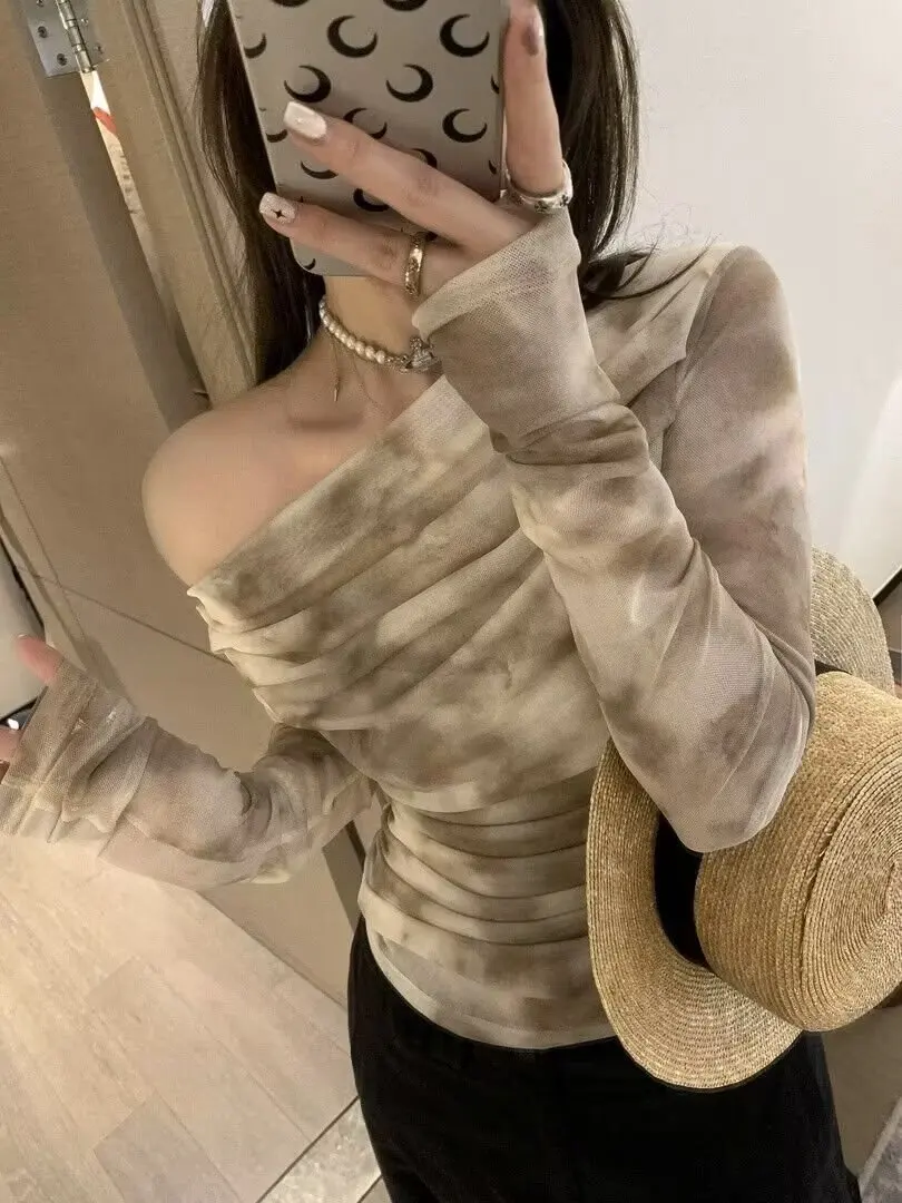 

Stretch Mesh Tie-dye Printed Long-sleeved T-shirt Sexy Cross Neck Drawstring Top Autumn and Winter New Inner Bottoming Shirt