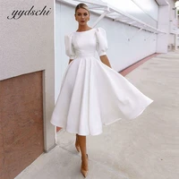 2022 new white simple short o neck wedding dresses short puff sleeves backless a line bridal gown satin elegant vestido de novia