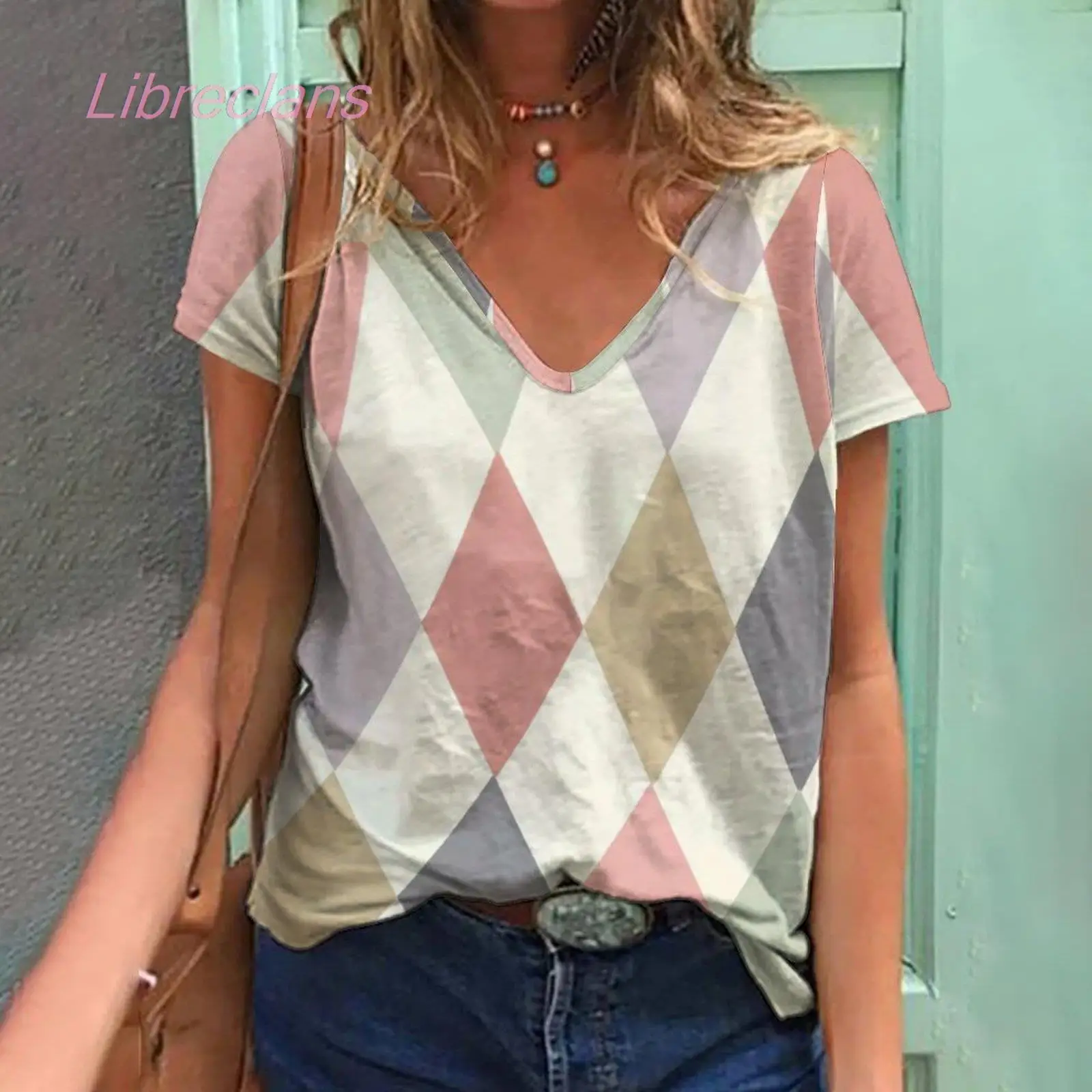 

Rhombus Colorful Vintage T Shirt Summer Pattern T Shirts V-Neck Women 3D Print Oil Painting OversizedShort Sleeves Girl Clothing