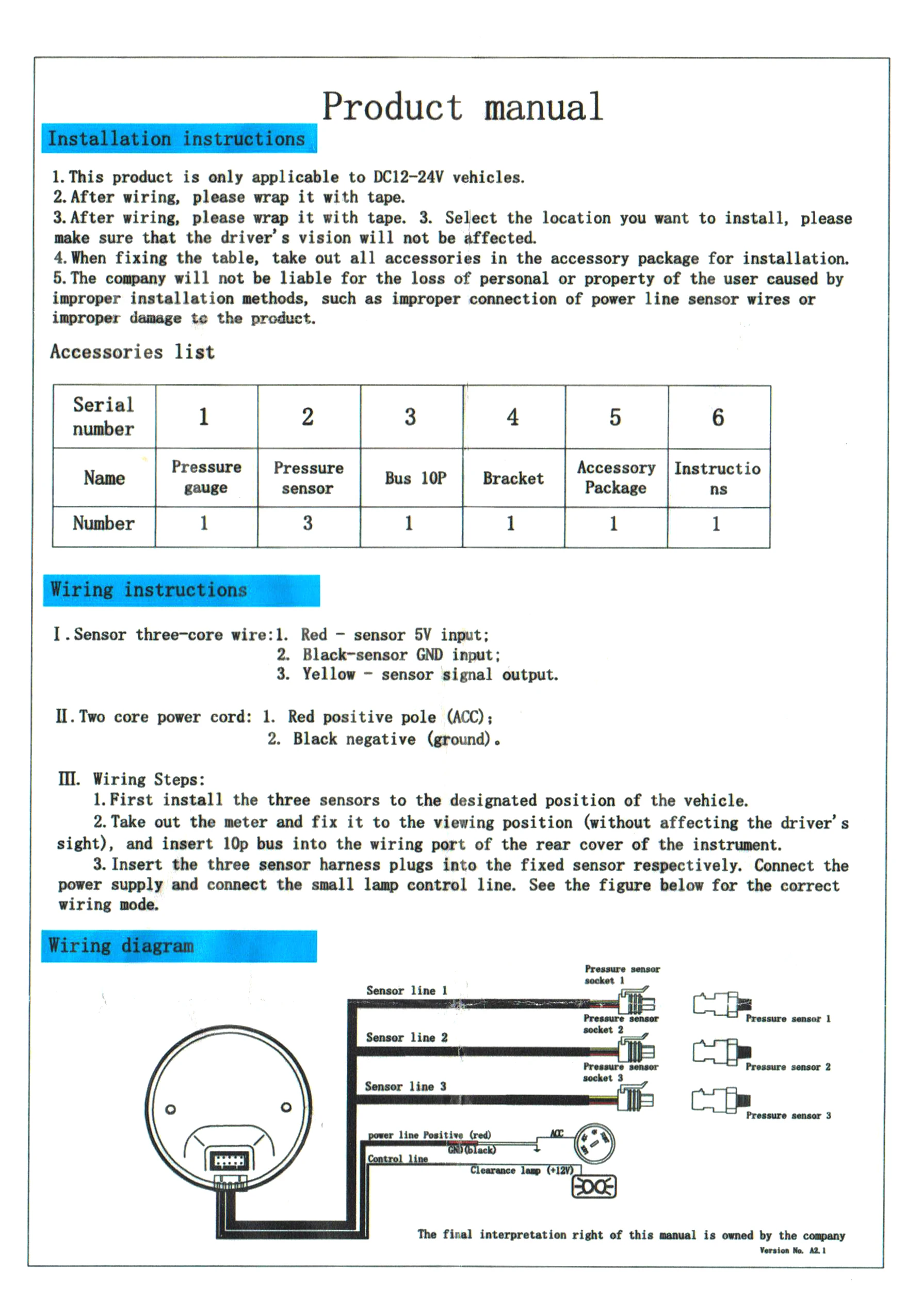 A 2 &quot52 мм синий светодиодный манометр с тремя цифровыми дисплеями и 3 шт. датчиком