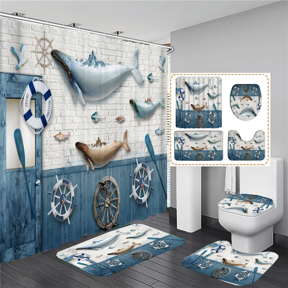 

Cartoon Ocean Underwater World Dolphin 3D Printing Waterproof Shower Curtain with Rug Toilet Cover Bath Mat Set Bathroom Decor