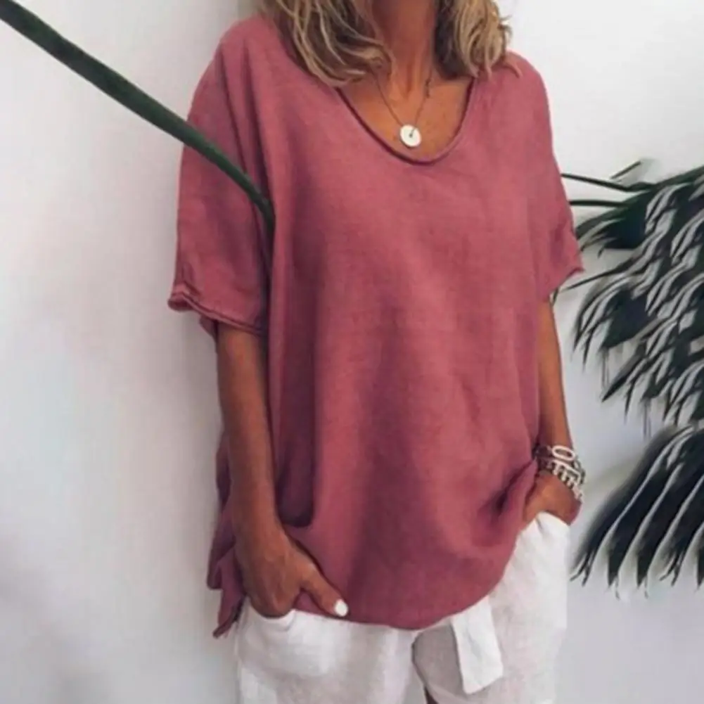 

Women Blouse Solid Color V Neck Summer Half Sleeve Crimping T-shirt Streetwear