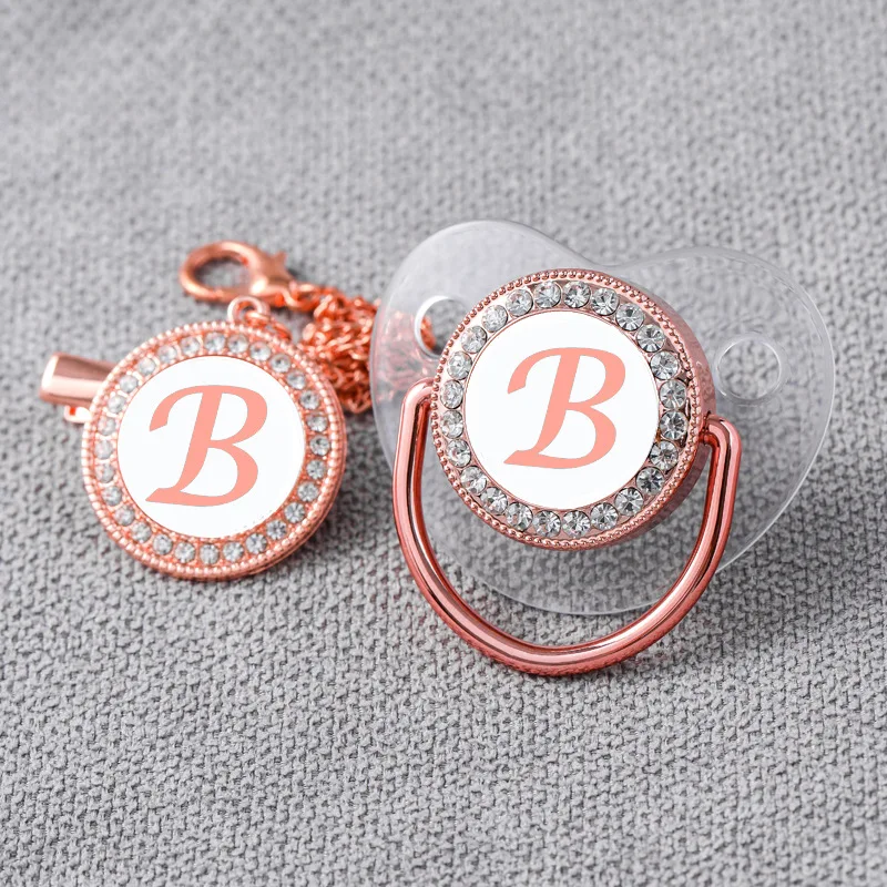 

Transparent Initial Letter Baby Pink Pacifier with Chain Clip Newborn Baby BPA Free Luxury Dummy Soother Chupeta 0-12 Months