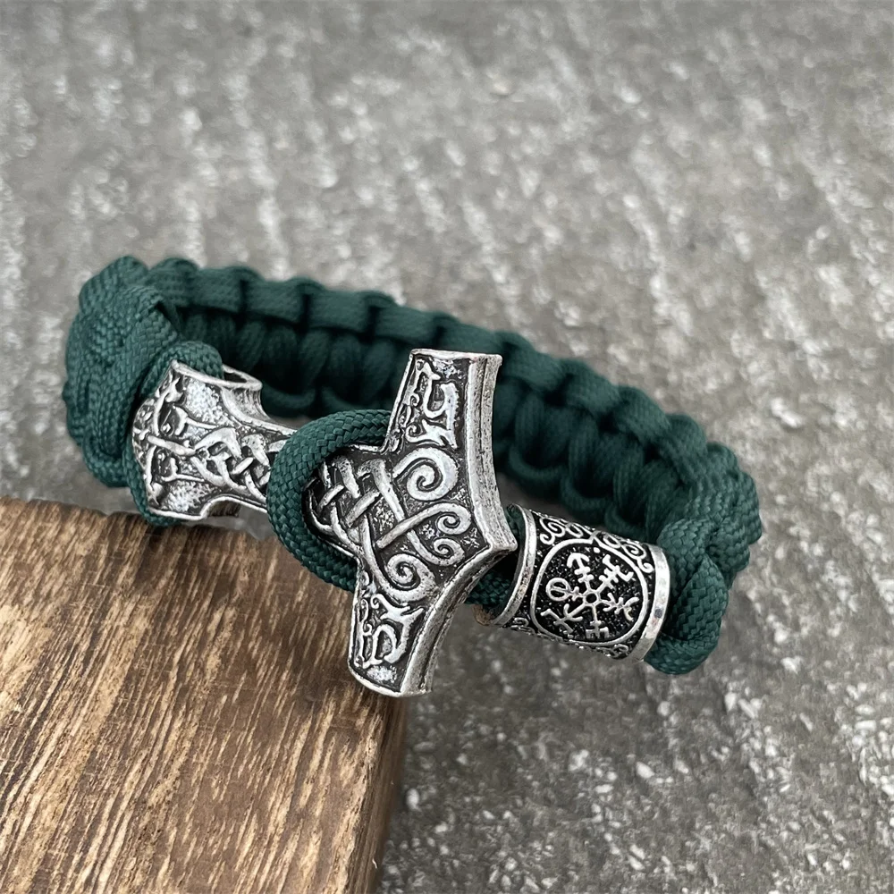 

Nostalgia Thor Hammer Mjolnir Amulet Pendant Runic Runes Beads Vikings Accessories Paracord Survival Viking Bracelet Men Women