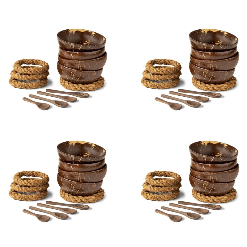 

Кокосовые чаши с ложками и подставками-набор из 16 чашек из кокосовой ракушки + деревянные ложки и подставки без колебаний для салата