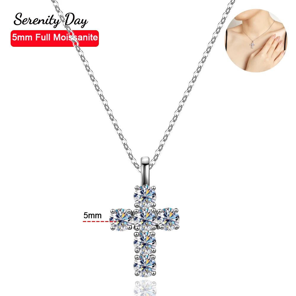 

Serenity Day Real D Color 5mm Full Moissanite Cross Necklace For Women Bridal 100% S925 Sterling Silver Jesus Chain Fine Jewelry