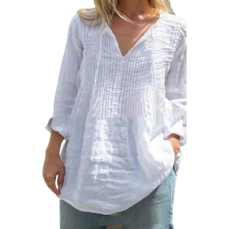 

Oversized Women Blouses Solid Cotton Linen Blouse Autumn Shirts Casual Long Sleeve V Neck Loose Shirt Lady Tops