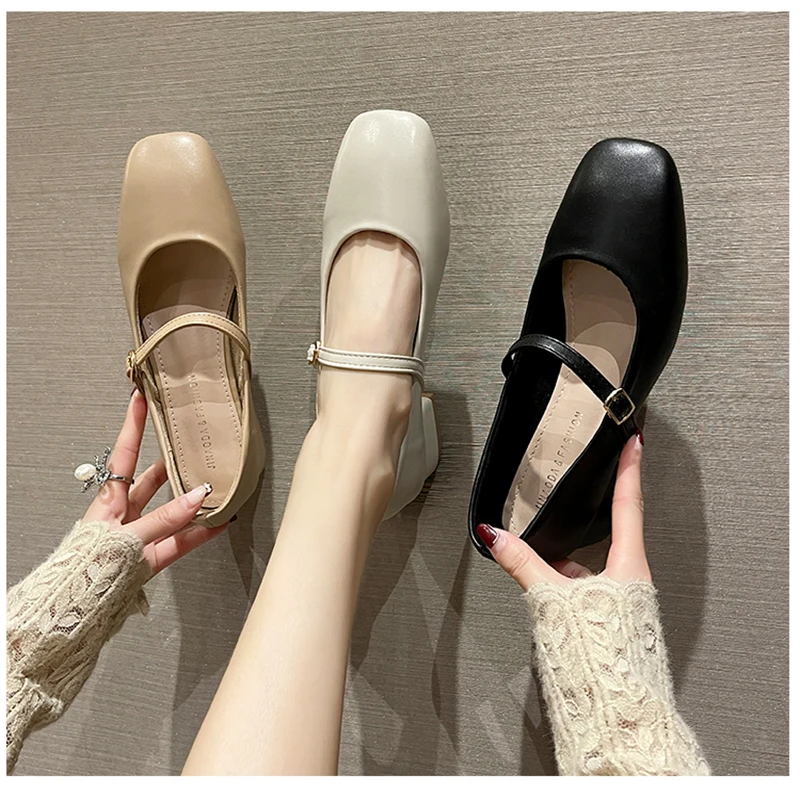 2023 New Women Low Heel Shoes Square Toe Retro Mary Janes Pumps Casual Spring Autumn Lady Weekly Shoes Size 35-40