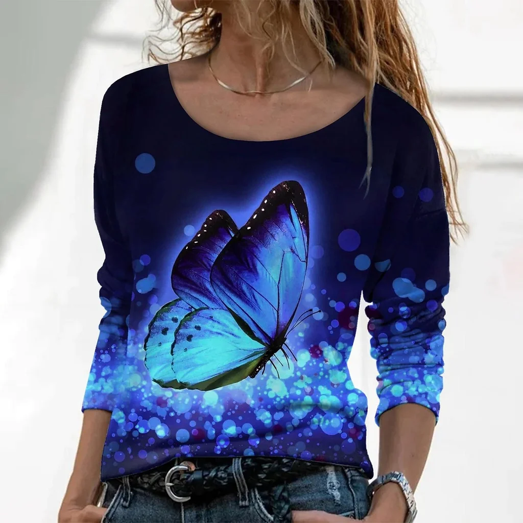

2022 [New In] Women's Plus Size Tops T Shirt Butterfly Animal Print Short Sleeve Crewneck Streetwear 3d Print Tee Blue