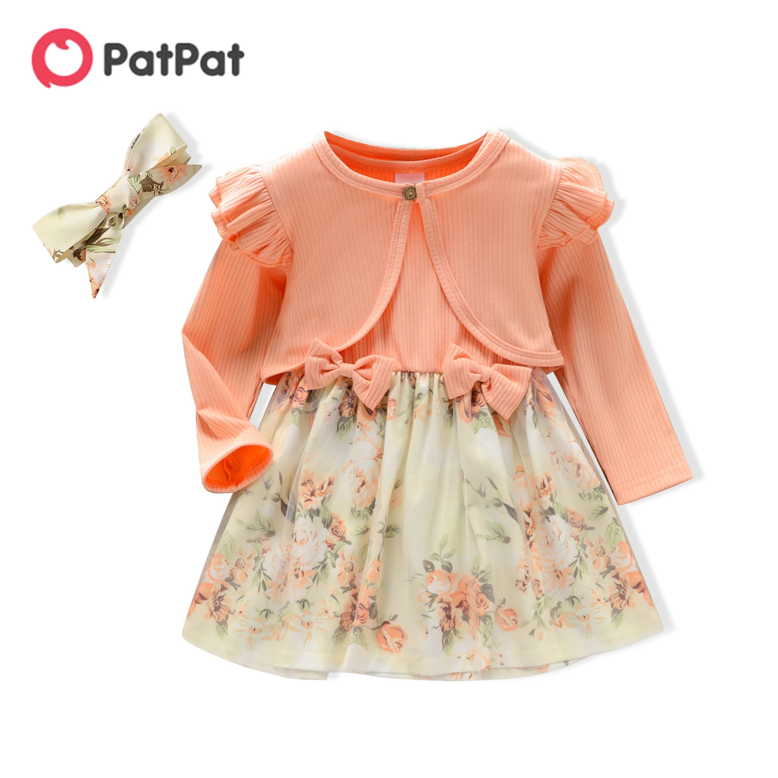 

PatPat 2-piece Baby/Toddler Girl Bowknot Design Ribbed Floral Print Mesh Splice Sleeveless Dress and Ruffled Cardigan Set