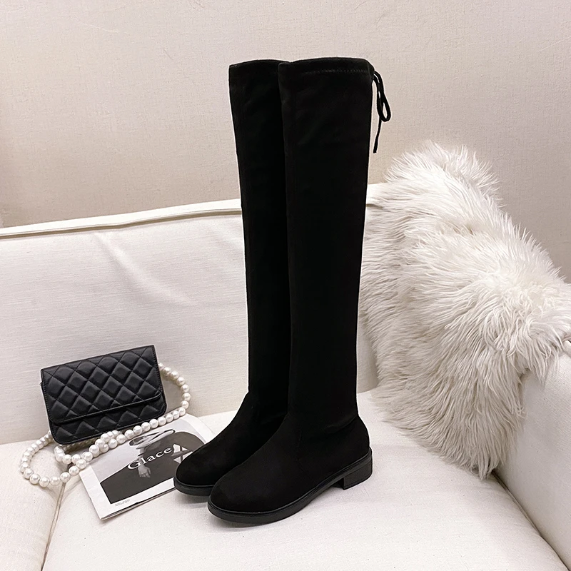 

Женские ботфорты из эластичной ткани, высокие сапоги на плоской подошве, зимние сапоги выше колена, Размеры 35-40