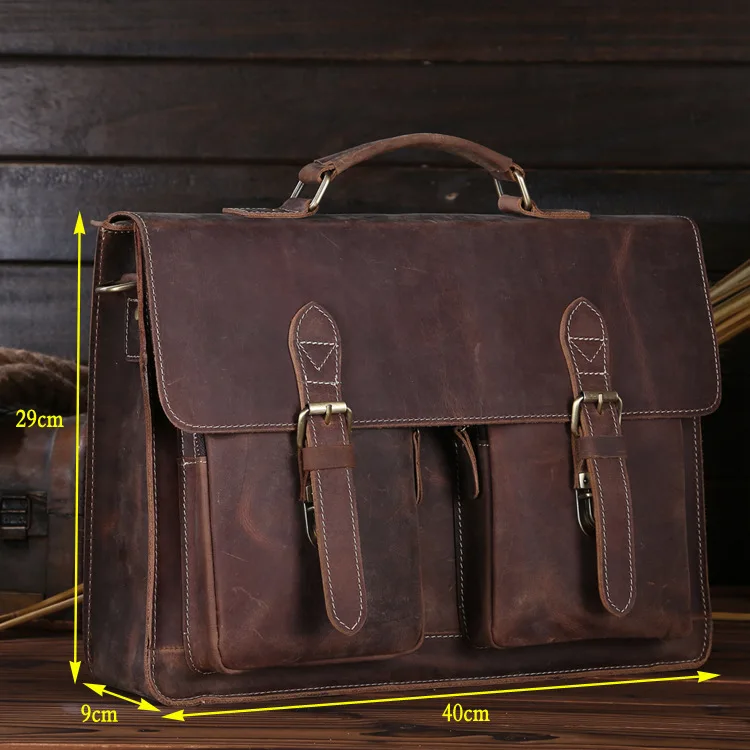 Men's Vintage Genuine Crazy Horse Leather Briefcase Messenger Shoulder Portfolio Laptop Bag Case Handbag Father's Day Gift
