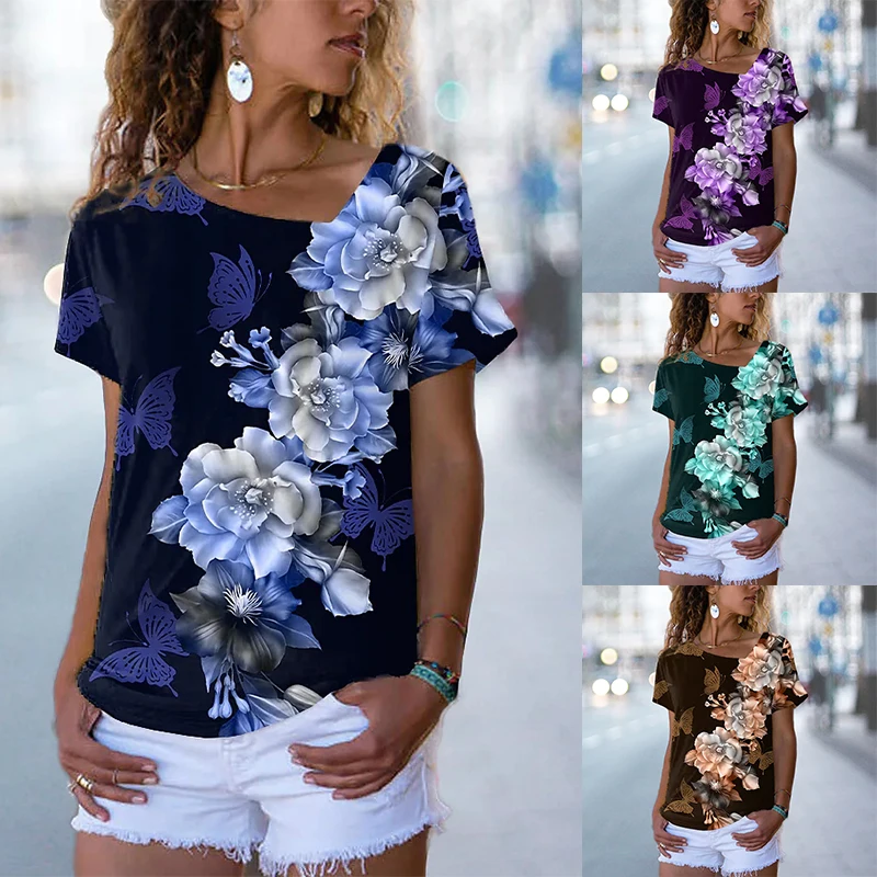 2022 Summer New Elegant Women's Floral Theme Painting Fational T Shirt Floral Print V Neck Basic Tops Loosen Shirt