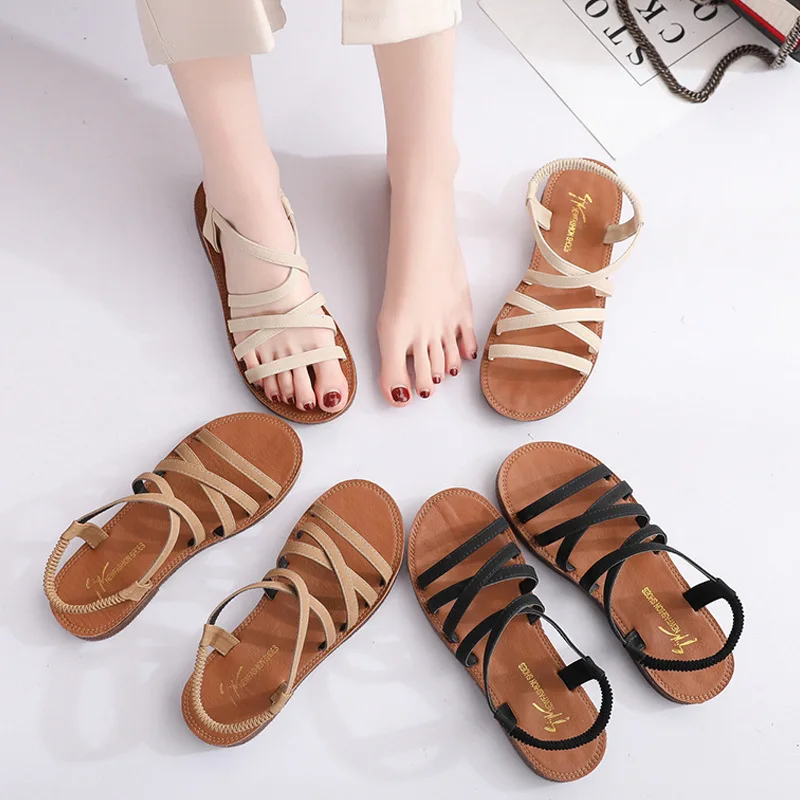 

Summer New Women Sandals Ladies Solid Fashion Flat Heel Cross-tied Sandals Students Roman Shoes Ladies Simple Casual Sandals