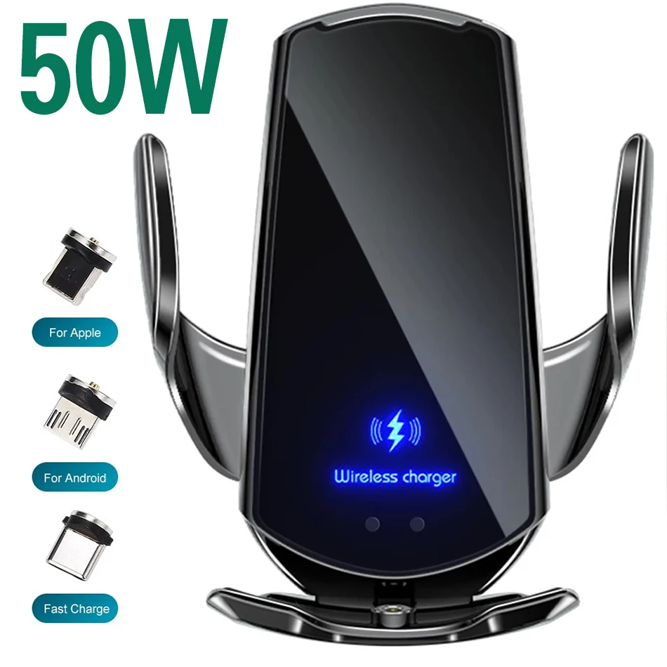 50W Car Wireless Charger Magnetic Automatic Car Mount Phone Holder For iPhone Samsung Xiaomi Infrared Induction QI Fast Charging