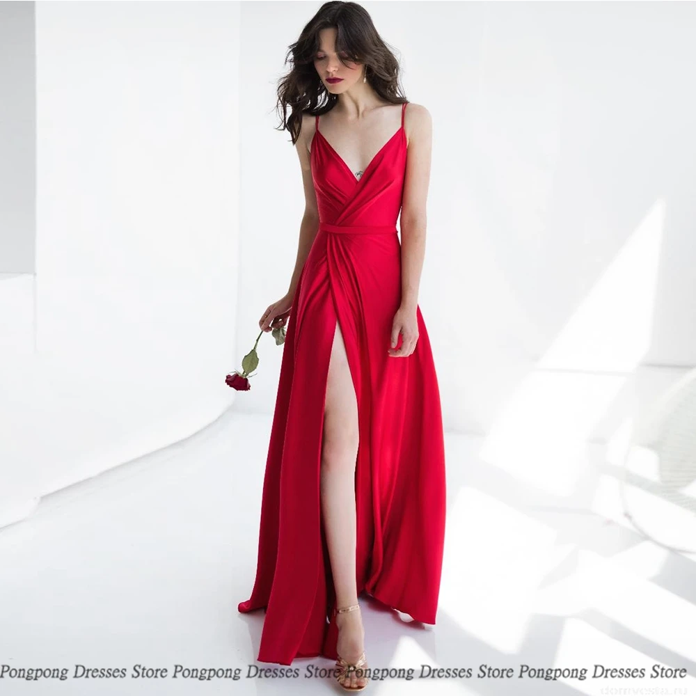 

Red Evening Dresses Spaghetti Strapless Hight Silt Sexy Evening Gowns Sleeveless Satin Open Back Vestidos de Fiesta Para Bodas