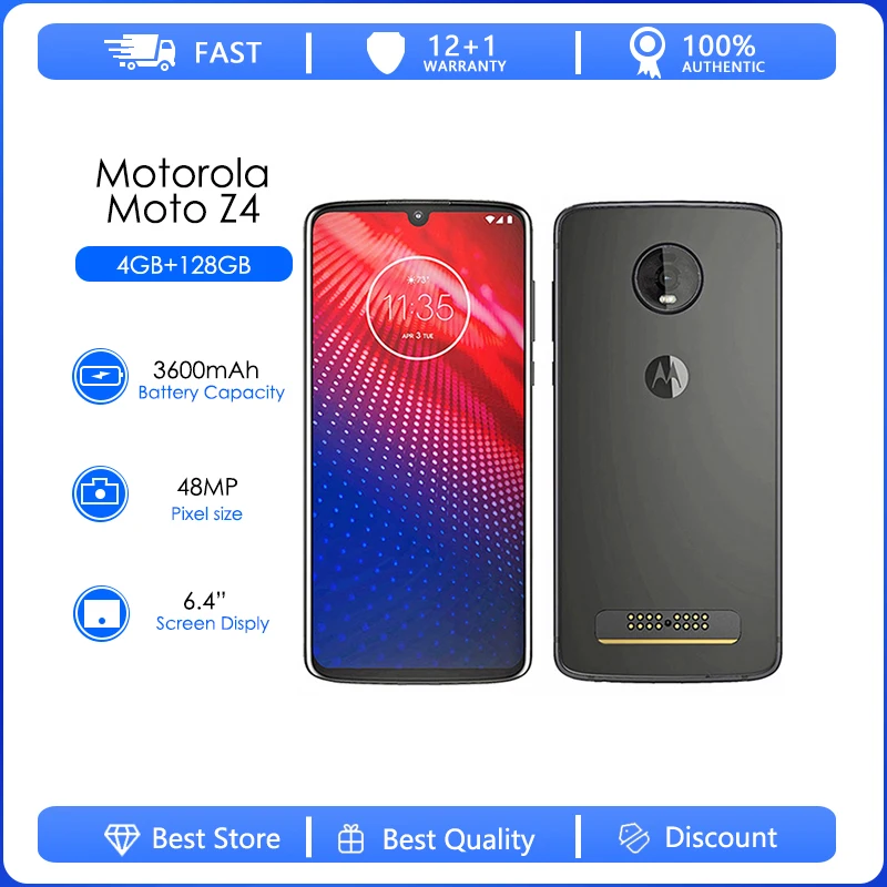 Motorola Moto Z4 XT1980-4 Original Unlocked Phone 4GB 128GB ROM 6.4'' 48MP Snapdragon 675 4G LTE Cellphone