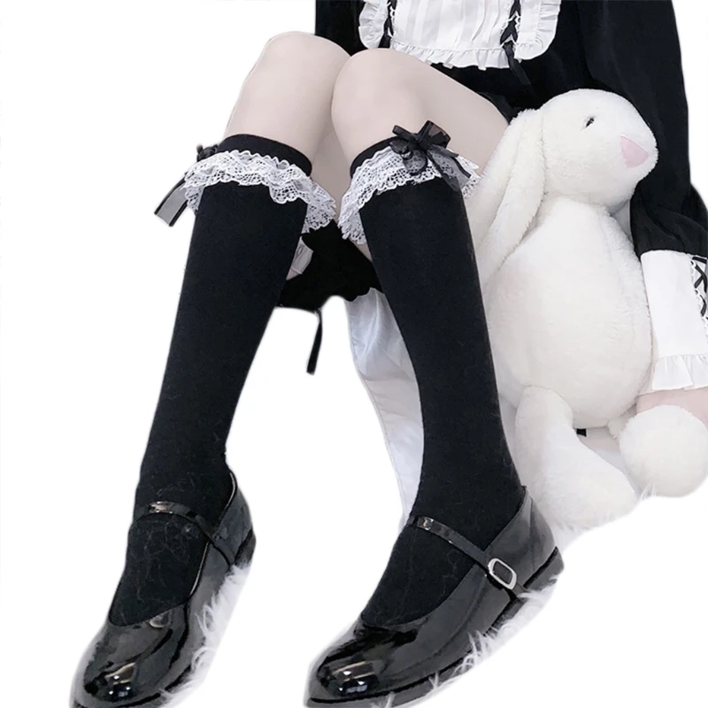 Japanese Lolita Maid Cosplay Knee High Long Socks Sweet Layered Ruffled Lace Big Bowknot Kawaii Cotton School Uniform Tube
