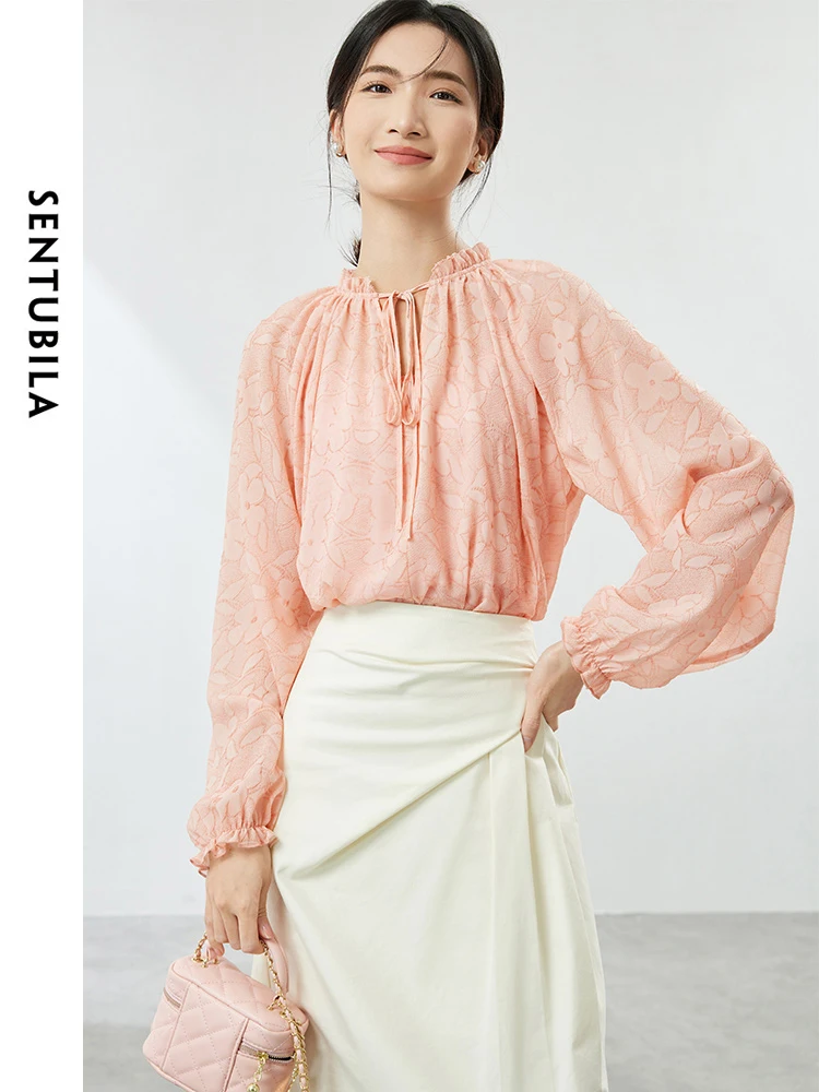 SENTUBILA женский шифоновый костюм-рубашка на шнуровке с рукавами-фонариками и