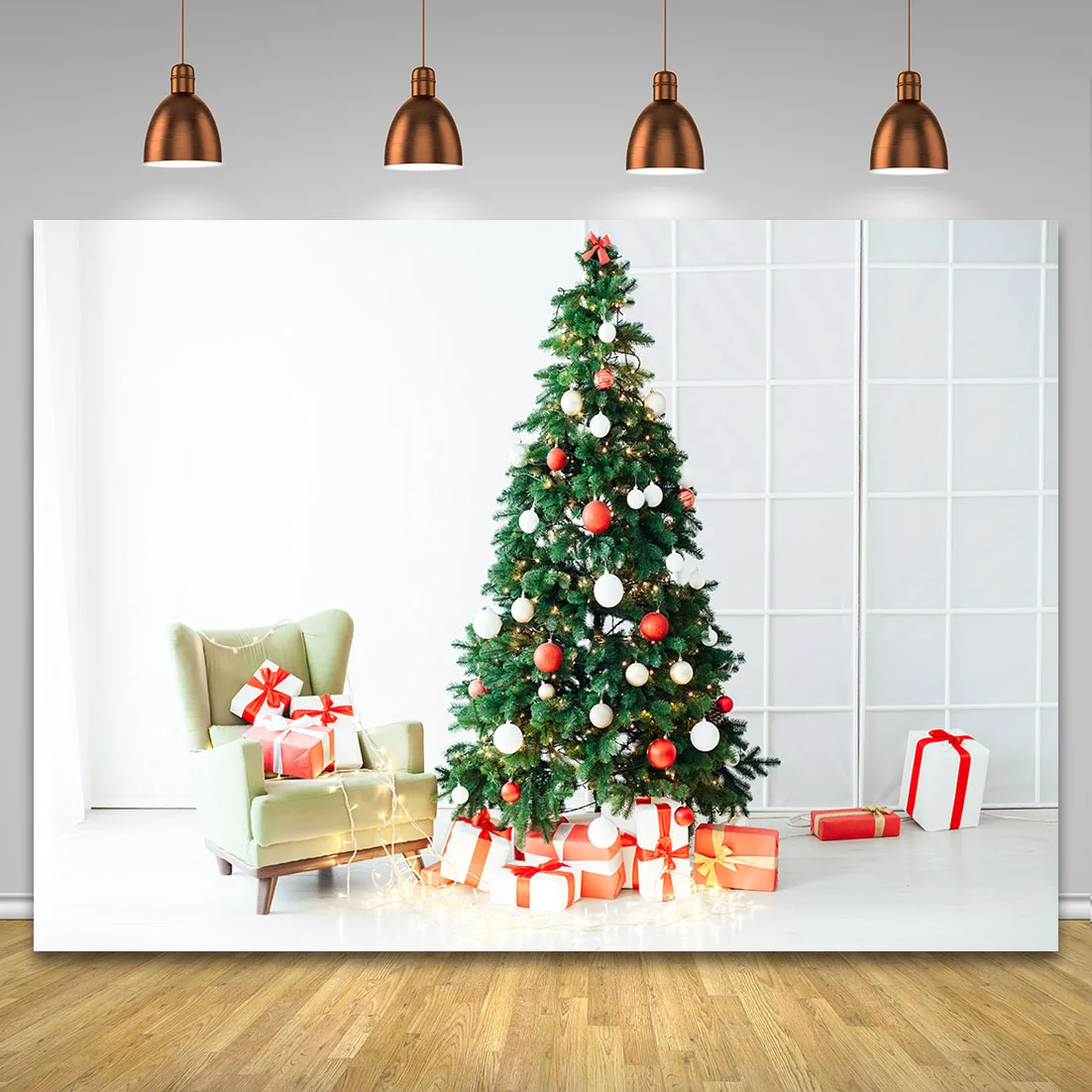 

Рождественская елка Подарочная коробка гирлянда огни фон декор для помещений блестящий подарок ребенок портрет фотография дети Фотостуди...