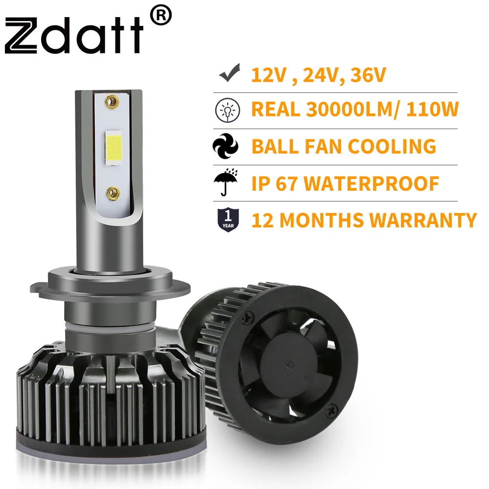 H7 Светодиодная лампа для автомобильных фар Zdatt H7 Canbus H4 H1 H3 H11 H13 HB3 HB4 12 В 24 в 36 В для грузовиков 110 Вт 30000лм, противотуманная лампа для автомобиля