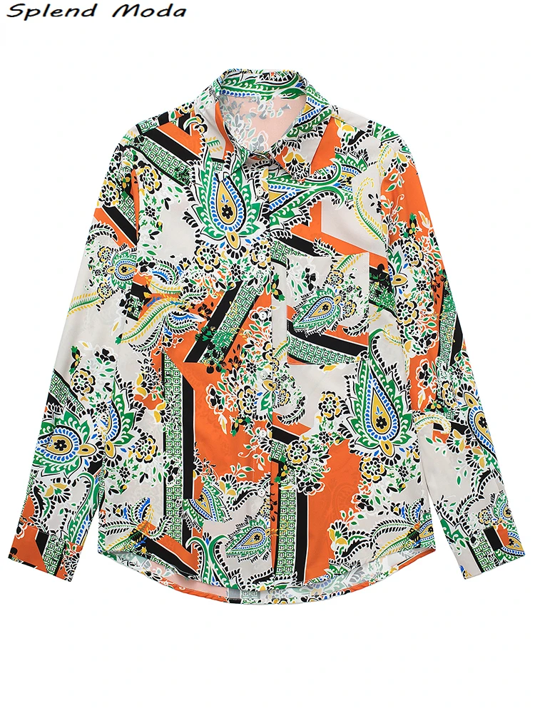 

2022 Za Women Fashion Summer Young Style Vintage Printed Single Breasted Blouses Casual Long Sleeve Pockets Shirts Chic Tops