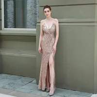 elegant long evening dresses women 2022 sexy high side split backless spaghetti strap sequined gowns for day and night party