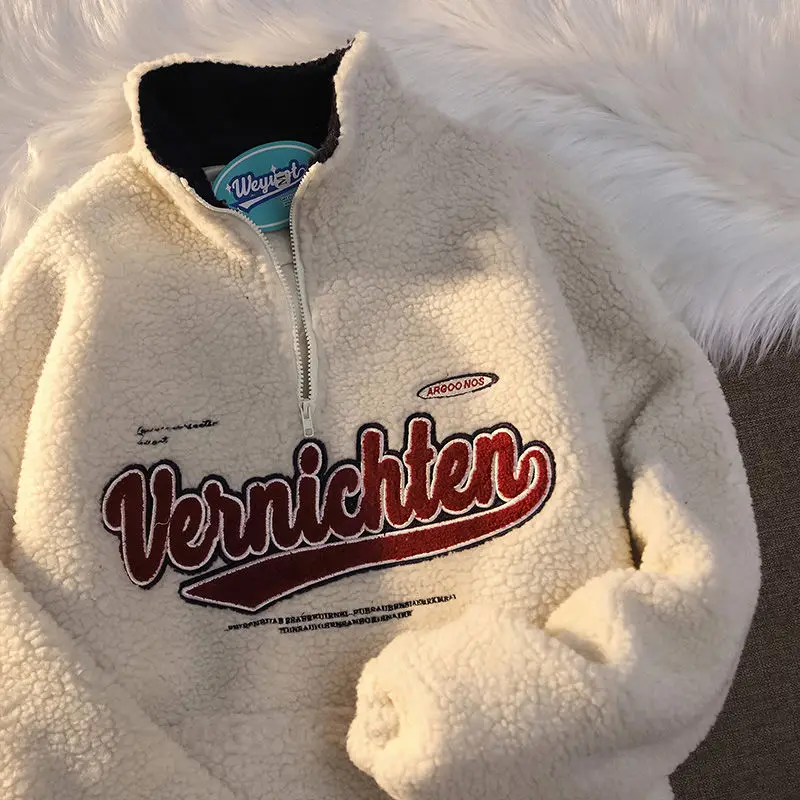 

Letter Sweatshirt Hip Hop Pullovers Tops Loose Long Sleeves Winter Women High Neck Zipper Embroidery Y2k Casual Steetwear Coat