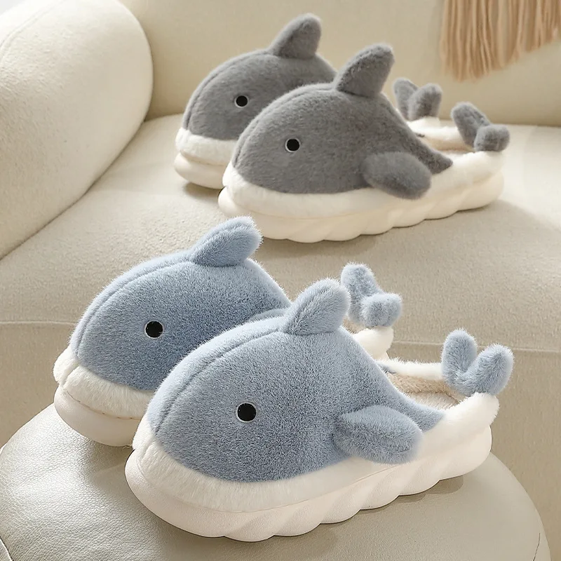 Shevalues Warm Winter Women Plush Slippers Cartoon Shark Cotton Slippers With Fur Thick Bottom Non-slip Outdoor Home Men's Shoes